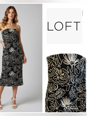 LOFT Black Strapless Midi Dress with White Embroidered Floral Detail